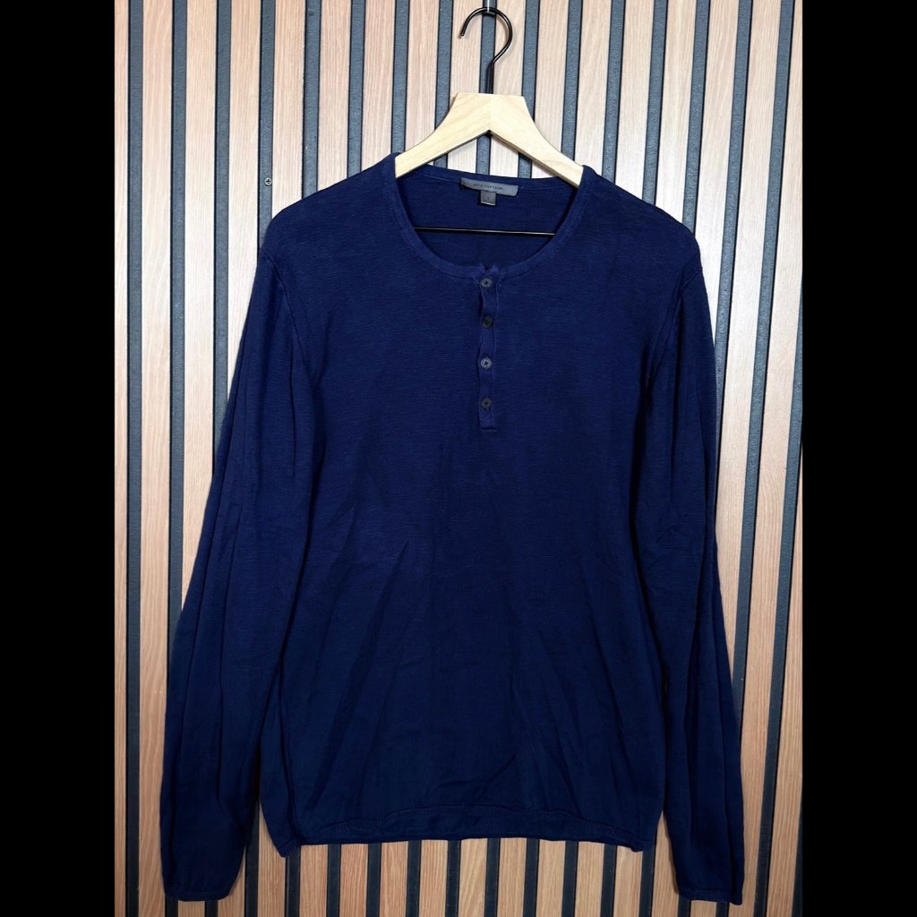 John Varvatos Sweater Large Blue Pullover Carver 100% Cotton Henley Long Sleeve